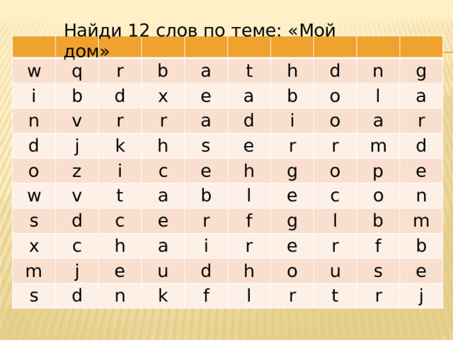 Найди 12 слов по теме: «Мой дом» w i q b n r b d d v o a x j r z k r w e t v a h i h s a d x d s t b c d c c a o m e n i e h j o e h s l r b g d a e a r a l r g f i n m o u r e d d g k r p c f l o e h e l b o r n u m f r s b t e r j 