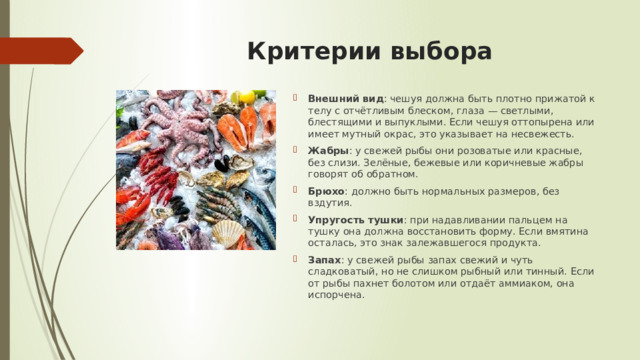 Критерии выбора   Внешний вид : чешуя должна быть плотно прижатой к телу с отчётливым блеском, глаза — светлыми, блестящими и выпуклыми. Если чешуя оттопырена или имеет мутный окрас, это указывает на несвежесть.  Жабры : у свежей рыбы они розоватые или красные, без слизи. Зелёные, бежевые или коричневые жабры говорят об обратном.  Брюхо : должно быть нормальных размеров, без вздутия.  Упругость тушки : при надавливании пальцем на тушку она должна восстановить форму. Если вмятина осталась, это знак залежавшегося продукта.  Запах : у свежей рыбы запах свежий и чуть сладковатый, но не слишком рыбный или тинный. Если от рыбы пахнет болотом или отдаёт аммиаком, она испорчена.  