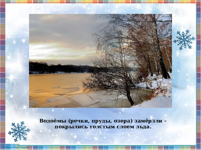 Водоёмы (речки, пруды, озера) замёрзли – покрылись толстым слоем льда. 