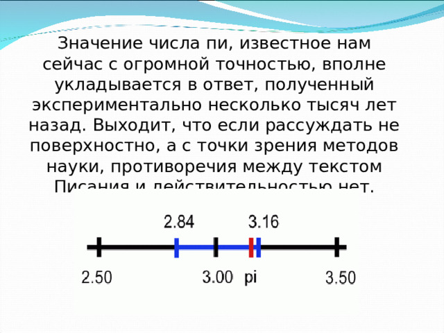 Значение числа пи, известное нам сейчас с огромной точностью, вполне укладывается в ответ, полученный экспериментально несколько тысяч лет назад. Выходит, что если рассуждать не поверхностно, а с точки зрения методов науки, противоречия между текстом Писания и действительностью нет. 