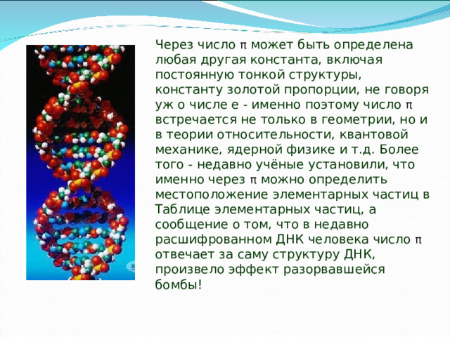 Через число π может быть определена любая другая константа, включая постоянную тонкой структуры, константу золотой пропорции, не говоря уж о числе e - именно поэтому число π встречается не только в геометрии, но и в теории относительности, квантовой механике, ядерной физике и т.д. Более того - недавно учёные установили, что именно через π можно определить местоположение элементарных частиц в Таблице элементарных частиц, а сообщение о том, что в недавно расшифрованном ДНК человека число π отвечает за саму структуру ДНК, произвело эффект разорвавшейся бомбы! 