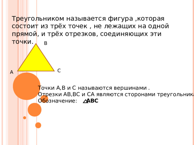 Треугольником называется фигура ,которая состоит из трёх точек , не лежащих на одной прямой, и трёх отрезков, соединяющих эти точки. В С А Точки А,В и С называются вершинами . Отрезки АВ,ВС и СА являются сторонами треугольника Обозначение:  АВС  