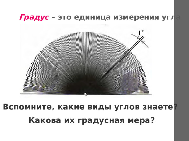 Градус – это единица измерения угла  Вспомните, какие виды углов знаете? Какова их градусная мера?  