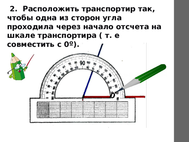  2. Расположить транспортир так, чтобы одна из сторон угла проходила через начало отсчета на шкале транспортира ( т. е совместить с 0º). 