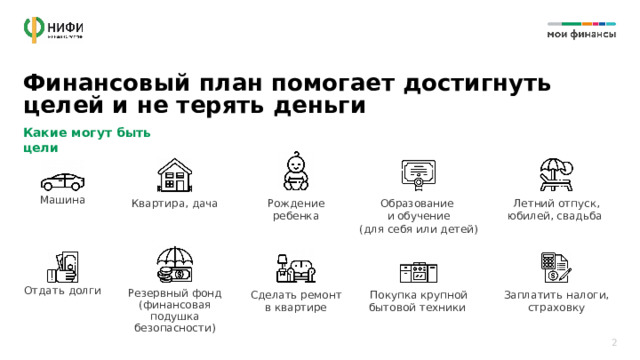 Финансовый план помогает достигнуть целей и не терять деньги Какие могут быть цели Машина Летний отпуск, юбилей, свадьба Квартира, дача Образование  и обучение Рождение ребенка (для себя или детей) Отдать долги Резервный фонд Сделать ремонт Покупка крупной бытовой техники Заплатить налоги, страховку (финансовая в квартире подушка безопасности) 2 