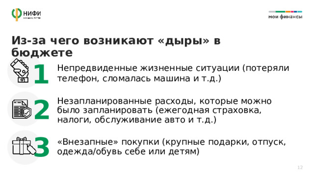 Из-за чего возникают «дыры» в бюджете 1 Непредвиденные жизненные ситуации (потеряли телефон, сломалась машина и т.д.) Незапланированные расходы, которые можно было запланировать (ежегодная страховка, налоги, обслуживание авто и т.д.) «Внезапные» покупки (крупные подарки, отпуск, одежда/обувь себе или детям) 2 3 12 