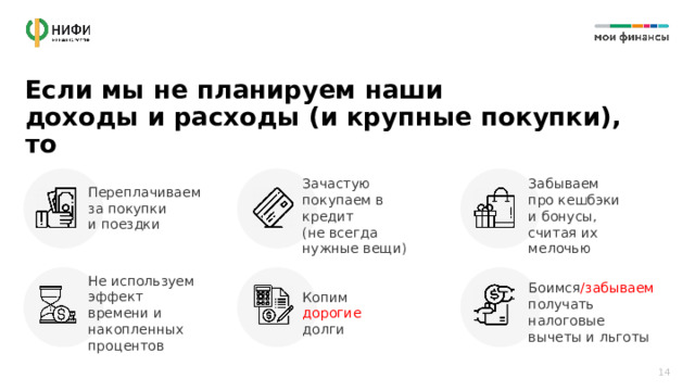 Если мы не планируем наши  доходы и расходы (и крупные покупки), то Забываем  про кешбэки Зачастую  покупаем в кредит (не всегда нужные вещи) и бонусы, считая их мелочью Переплачиваем за покупки  и поездки Не используем эффект времени и накопленных процентов Боимся /забываем получать налоговые вычеты и льготы Копим дорогие долги 14 