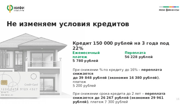Не изменяем условия кредитов Кредит 150 000 рублей на 3 года под 22% Переплата Ежемесячный платеж 56 228 рублей 5 780 рублей При снижении % по кредиту до 16% – переплата  снижается до 39 848 рублей (экономия 16 380 рублей) , платеж  5 200 рублей При снижении срока кредита до 2 лет – переплата снижается до 26 267 рублей (экономия 29 961 рублей) , платеж 7 300 рублей 16 