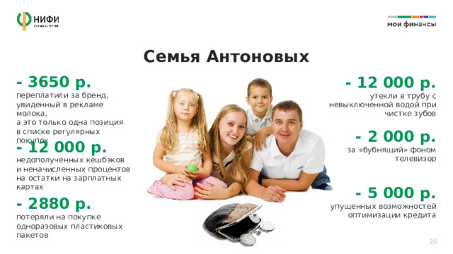 Семья Антоновых - 3650 р. переплатили за бренд, увиденный в рекламе молока, а это только одна позиция  в списке регулярных покупок - 12 000 р. утекли в трубу с невыключенной водой при чистке зубов - 2 000 р. за «бубнящий» фоном телевизор - 12 000 р. недополученных кешбэков  и неначисленных процентов на остатки на зарплатных картах - 5 000 р. упущенных возможностей оптимизации кредита - 2880 р. потеряли на покупке одноразовых пластиковых пакетов 20 