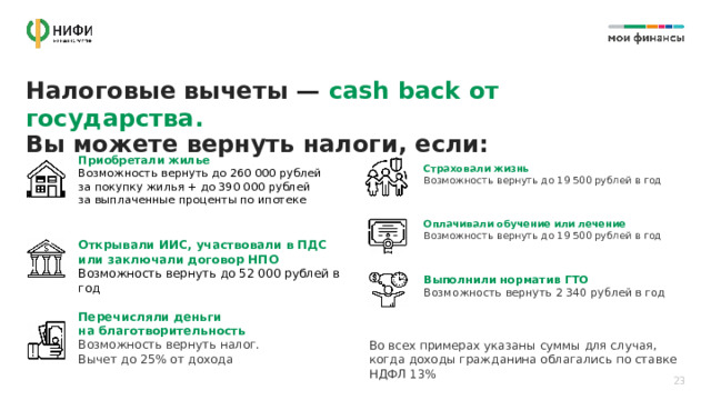  Налоговые вычеты — cash back от государства.   Вы можете вернуть налоги, если: Приобретали жилье Возможность вернуть до 260 000 рублей за покупку жилья + до 390 000 рублей за выплаченные проценты по ипотеке Страховали жизнь Возможность вернуть до 19 500 рублей в год Оплачивали обучение или лечение Возможность вернуть до 19 500 рублей в год Открывали ИИС, участвовали в ПДС или заключали договор НПО Возможность вернуть до 52 000 рублей в год Выполнили норматив ГТО Возможность вернуть 2 340 рублей в год Перечисляли деньги на благотворительность Возможность вернуть налог. Вычет до 25% от дохода Во всех примерах указаны суммы для случая, когда доходы гражданина облагались по ставке НДФЛ 13% 23 
