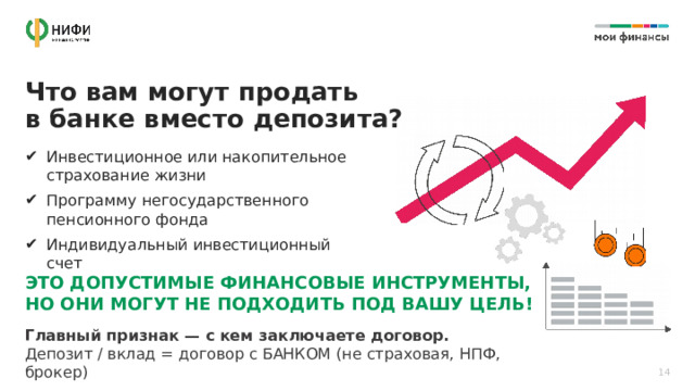 Что вам могут продать  в банке вместо депозита? Инвестиционное или накопительное страхование жизни Программу негосударственного пенсионного фонда Индивидуальный инвестиционный счет ЭТО ДОПУСТИМЫЕ ФИНАНСОВЫЕ ИНСТРУМЕНТЫ, НО ОНИ МОГУТ НЕ ПОДХОДИТЬ ПОД ВАШУ ЦЕЛЬ! Главный признак — с кем заключаете договор. Депозит / вклад = договор с БАНКОМ (не страховая, НПФ, брокер) 14 