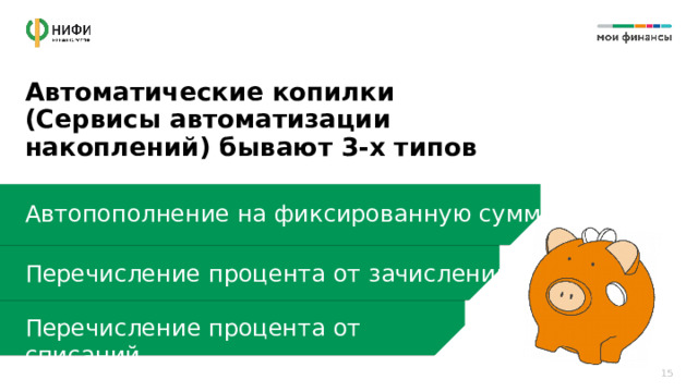 Автоматические копилки  (Сервисы автоматизации накоплений) бывают 3-х типов Автопополнение на фиксированную сумму Перечисление процента от зачислений Перечисление процента от списаний 15 