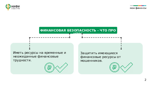 ФИНАНСОВАЯ БЕЗОПАСНОСТЬ - ЧТО ПРО ЧТО? Иметь ресурсы на временные и неожиданные финансовые трудности. Защитить имеющиеся финансовые ресурсы от мошенников. 1 