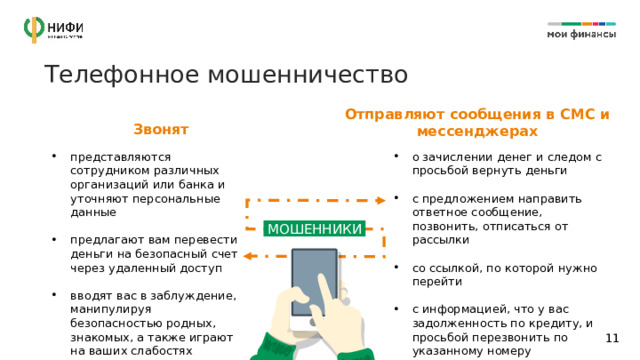Телефонное мошенничество Отправляют сообщения в СМС и мессенджерах Звонят представляются сотрудником различных организаций или банка и уточняют персональные данные о зачислении денег и следом с просьбой вернуть деньги с предложением направить ответное сообщение, позвонить, отписаться от рассылки предлагают вам перевести деньги на безопасный счет через удаленный доступ со ссылкой, по которой нужно перейти вводят вас в заблуждение, манипулируя безопасностью родных, знакомых, а также играют на ваших слабостях с информацией, что у вас задолженность по кредиту, и просьбой перезвонить по указанному номеру МОШЕННИКИ 11 