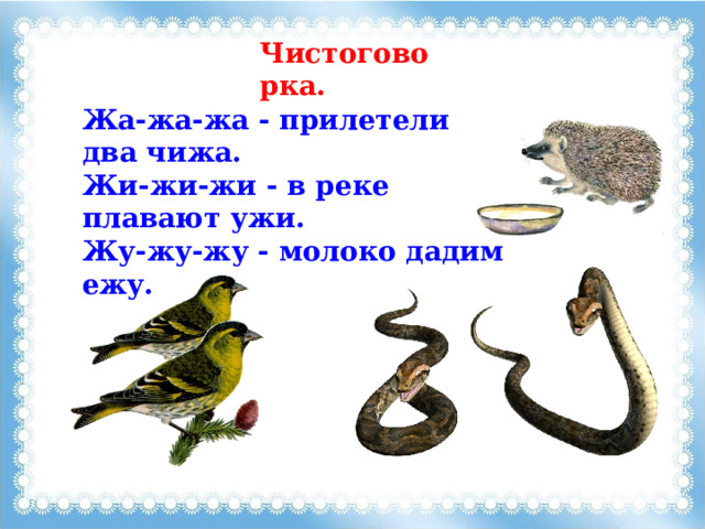 Чистоговорка. Жа-жа-жа - прилетели два чижа. Жи-жи-жи - в реке плавают ужи. Жу-жу-жу - молоко дадим ежу. 
