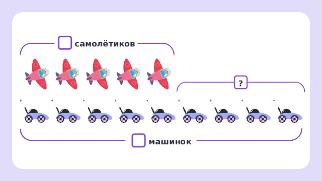 самолётиков ? машинок Первичное применение  — Что вы видите на экране? (Самолёты и ракеты.) — Сколько самолетов? (Пять.) — Сколько ракет? (Девять.) — Как узнать, на сколько ракет больше, чем самолётов? (Вычесть из девяти пять.) — А как узнать, на сколько самолётов меньше, чем ракет? (Вычесть из девяти пять.) — Запишите решение.  26 