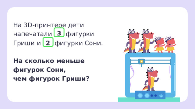На 3D-принтере дети напечатали фигурки Гриши и фигурки Сони. На сколько меньше фигурок Сони,  чем фигурок Гриши?  3  2 Первичное применение — Давайте составим краткую запись. Сколько у нас фигурок Гриши? (3) А Сони? (2) — Что нужно узнать в задаче? (На сколько фигурок Сони меньше, чем фигурок Гриши.)     
