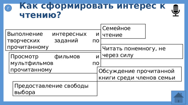 Как сформировать интерес к чтению? Г Семейное чтение Выполнение интересных и творческих заданий по прочитанному Читать понемногу, не через силу Просмотр фильмов и мультфильмов по прочитанному Обсуждение прочитанной книги среди членов семьи Предоставление свободы выбора 