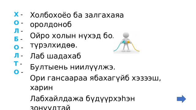 Холбохоёо ба залгахаяа оролдоноб Ойро холын нүхэд болон түрэлхидөө. Лаб шадахаб Бултыень ниилүүлжэ. Ори гансаараа ябахагүйб хэзээш, харин Лабхайлдажа бүдүүрхэһэн зонуудтай Томоотойгоор зүрилдэбэшье, илгабашье, Омог дорюунаар туһалжал байхаб. Х - О - Л - Б - О - Л - Т - О - 