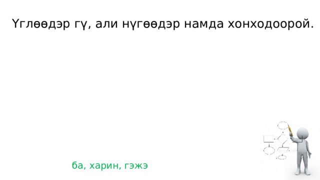 Үглөөдэр гү, али нүгөөдэр намда хонходоорой. ба, харин, гэжэ 