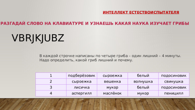 Интеллект естествоиспытателя Разгадай слово на клавиатуре и узнаешь какая наука изучает грибы VBRJKJUBZ В каждой строчке написаны по четыре гриба – один лишний – 4 минуты. Надо определить, какой гриб лишний и почему. 1 2 подберёзовик 3 сыроежка сыроежка 4 белый вешенка лисичка мукор подосиновик аспергилл волнушка свинушка маслёнок белый подосиновик мукор пеницилл 