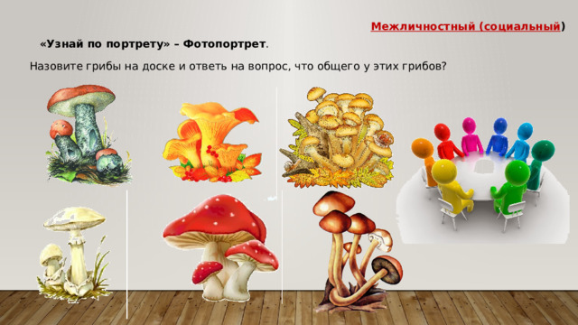 Межличностный (социальный ) «Узнай по портрету» – Фотопортрет . Назовите грибы на доске и ответь на вопрос, что общего у этих грибов? 