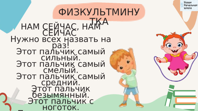 ФИЗКУЛЬТМИНУТКА НАМ СЕЙЧАС, НАМ СЕЙЧАС Нужно всех назвать на раз! Этот пальчик самый сильный. Этот пальчик самый смелый. Этот пальчик самый средний. Этот пальчик безымянный. Этот пальчик с ноготок. Получился кулачок. 