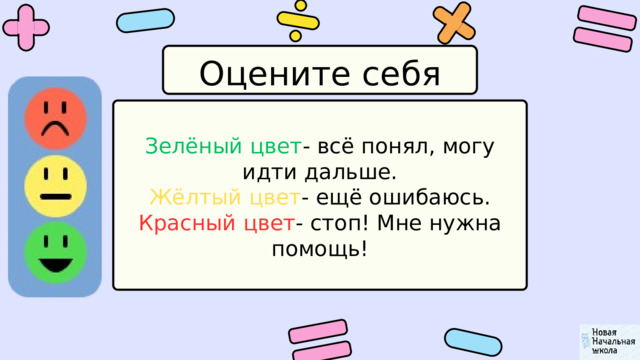 Оцените себя Зелёный цвет - всё понял, могу идти дальше. Жёлтый цвет - ещё ошибаюсь. Красный цвет - стоп! Мне нужна помощь! 
