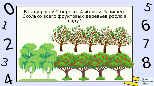 1 0 4 5 2 6 8 7 3  В саду росли 2 березы, 4 яблони, 5 вишен. Сколько всего фруктовых деревьев росло в саду? 