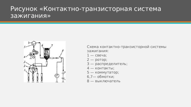 Рисунок «Контактно-транзисторная система зажигания» Схема контактно-транзисторной системы зажигания: 1 — свеча; 2 — ротор; 3 — распределитель; 4 — контакты; 5 — коммутатор; 6,7— обмотки; 8 — выключатель 