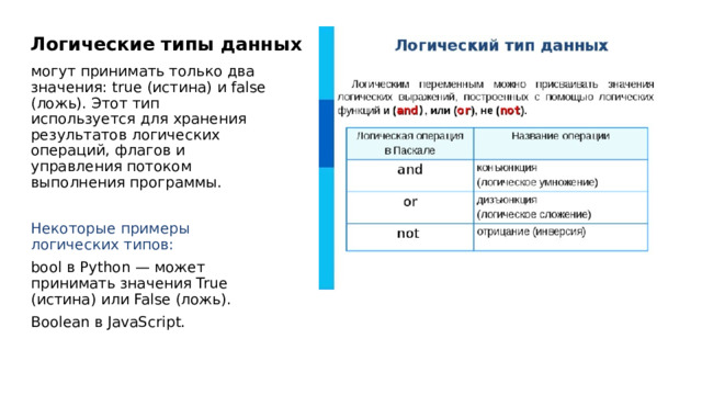 Логические типы данных могут принимать только два значения: true (истина) и false (ложь). Этот тип используется для хранения результатов логических операций, флагов и управления потоком выполнения программы. Некоторые примеры логических типов: bool в Python — может принимать значения True (истина) или False (ложь). Boolean в JavaScript. 