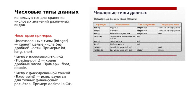 Числовые типы данных используются для хранения числовых значений различных видов. Некоторые примеры: Целочисленные типы (Integer) — хранят целые числа без дробной части. Примеры: int, long, short. Числа с плавающей точкой (Floating-point) — хранят дробные числа. Примеры: float, double. Числа с фиксированной точкой (Fixed-point) — используются для точных финансовых расчётов. Пример: decimal в C#. 