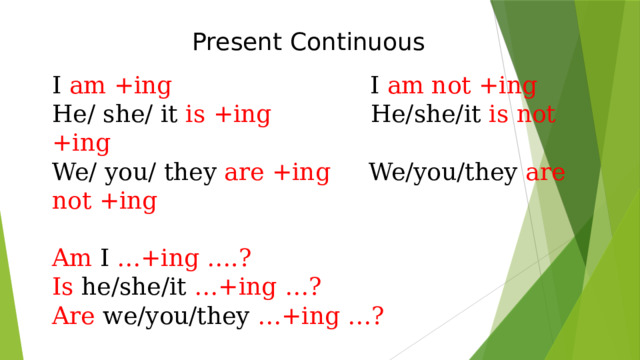 Present Continuous I am +ing I am not +ing He/ she/ it is +ing He/she/it is not +ing We/ you/ they are +ing We/you/they are not +ing Am I …+ing ….? Is he/she/it …+ing …? Are we/you/they …+ing …? Now, at the moment, today. 