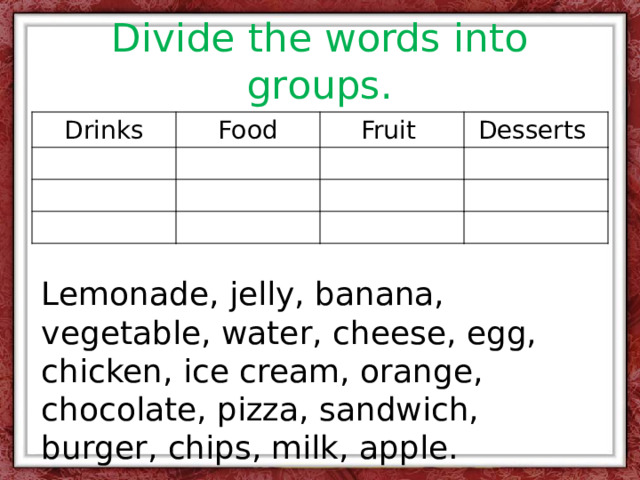 Divide the words into groups. Drinks Food Fruit Desserts Lemonade, jelly, banana, vegetable, water, cheese, egg, chicken, ice cream, orange, chocolate, pizza, sandwich, burger, chips, milk, apple. 