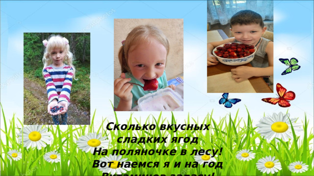 Сколько вкусных сладких ягод На поляночке в лесу! Вот наемся я и на год Витаминов запасу! 