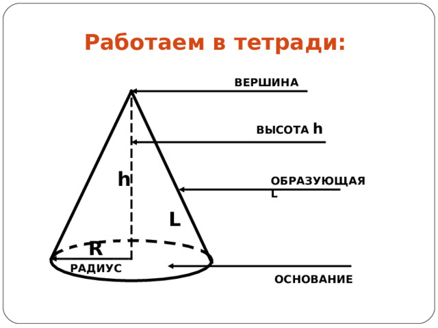 Работаем в тетради: ВЕРШИНА ВЫСОТА h h ОБРАЗУЮЩАЯ L L R  РАДИУС ОСНОВАНИЕ 