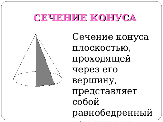 СЕЧЕНИЕ КОНУСА Сечение конуса плоскостью, проходящей через его вершину, представляет собой равнобедренный треугольник. 