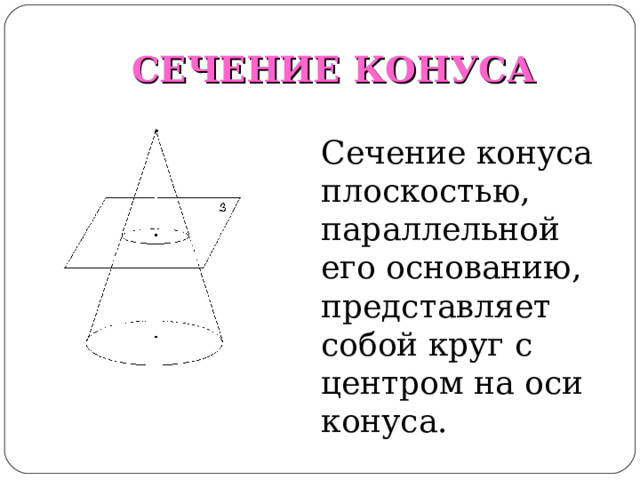 СЕЧЕНИЕ КОНУСА Сечение конуса плоскостью, параллельной его основанию, представляет собой круг с центром на оси конуса. 