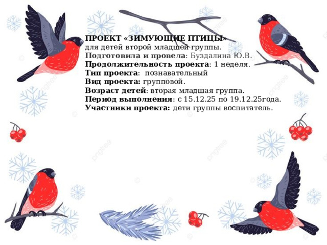 ПРОЕКТ «ЗИМУЮЩИЕ ПТИЦЫ» для детей   второй младшей группы. Подготовила и провела : Буздалина Ю.В. Продолжительность проекта : 1 неделя. Тип проекта :  познавательный Вид проекта:  групповой.         Возраст детей : вторая младшая группа. Период выполнения : с 15.12.25 по 19.12.25года. Участники проекта:  дети группы воспитатель.                                                                                                                                                       