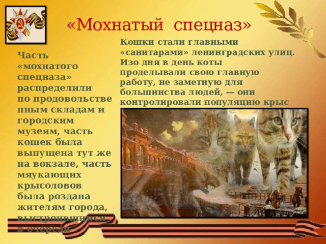«Мохнатый спецназ»   Кошки стали главными «санитарами» ленинградских улиц. Изо дня в день коты проделывали свою главную работу, не заметную для большинства людей, — они контролировали популяцию крыс Часть «мохнатого спецназа» распределили по продовольственным складам и городским музеям, часть кошек была выпущена тут же на вокзале, часть мяукающих крысоловов была роздана жителям города, выстроившимся в очереди  