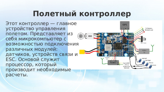 Полетный контроллер Этот контроллер — главное устройство управления полетом. Представляет из себя микрокомпьютер с возможностью подключения различных модулей: датчиков, устройств связи и ESC. Основой служит процессор, который производит необходимые расчеты. 