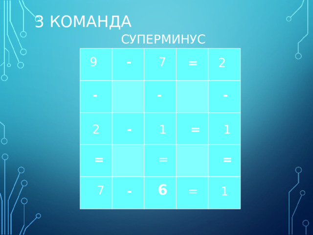 3 КОМАНДА  СУПЕРМИНУС        9 7 - =  2      - - - 2     - 1 = 1      = = =      6 7 - = 1 