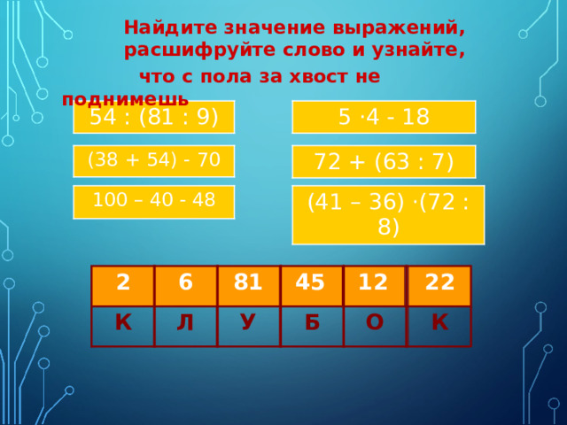 Найдите значение выражений, расшифруйте слово и узнайте,  что с пола за хвост не поднимешь  54 : (81 : 9) 5 · 4 - 18 72 + (63 : 7) (38 + 54) - 70 (41 – 36) · (72 : 8) 100 – 40 - 48 2 81 45 12 22 6 К Л У Б О К 