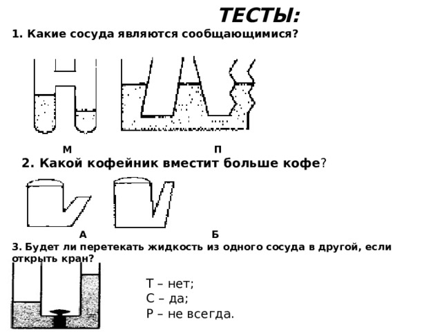  ТЕСТЫ: 1. Какие сосуда являются сообщающимися?  М П 2. Какой кофейник вместит больше кофе ?  А Б 3. Будет ли перетекать жидкость из одного сосуда в другой, если открыть кран? Т – нет; С – да; Р – не всегда. 