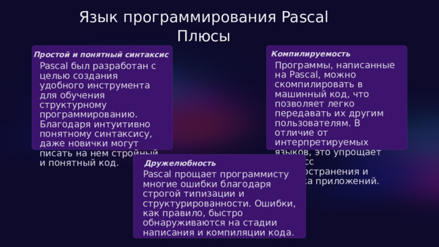  Язык программирования Pascal Плюсы Компилируемость Простой и понятный синтаксис Программы, написанные на Pascal, можно скомпилировать в машинный код, что позволяет легко передавать их другим пользователям. В отличие от интерпретируемых языков, это упрощает процесс распространения и запуска приложений. Pascal был разработан с целью создания удобного инструмента для обучения структурному программированию. Благодаря интуитивно понятному синтаксису, даже новички могут писать на нем стройный и понятный код. Дружелюбность Pascal прощает программисту многие ошибки благодаря строгой типизации и структурированности. Ошибки, как правило, быстро обнаруживаются на стадии написания и компиляции кода. 