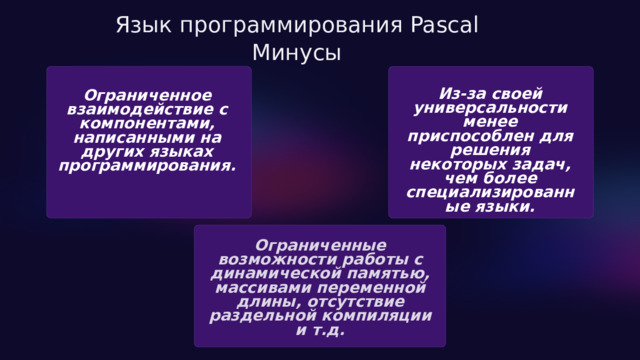 Язык программирования Pascal Минусы Из-за своей универсальности менее приспособлен для решения некоторых задач, чем более специализированные языки. Ограниченное взаимодействие с компонентами, написанными на других языках программирования. Ограниченные возможности работы с динамической памятью, массивами переменной длины, отсутствие раздельной компиляции и т.д. 