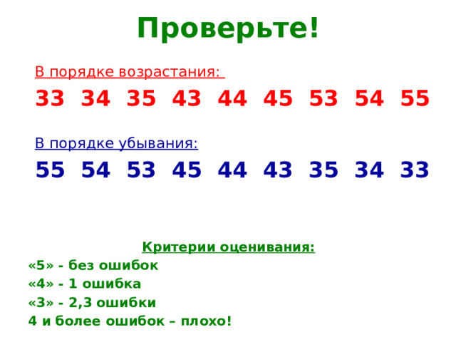 Проверьте! В порядке возрастания: 33 34 35 43 44 45 53 54 55 В порядке убывания: 55 54 53 45 44 43 35 34 33 Критерии оценивания: «5» - без ошибок «4» - 1 ошибка «3» - 2,3 ошибки 4 и более ошибок – плохо! 