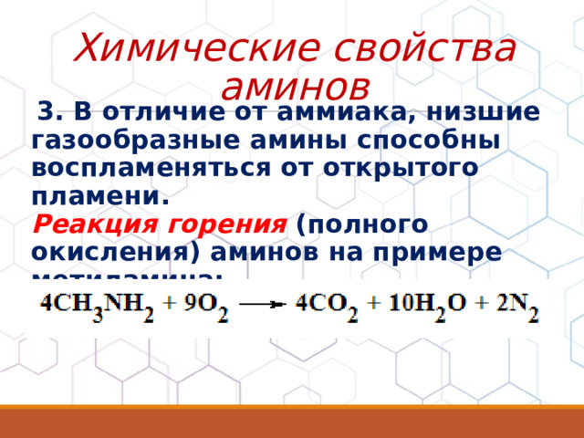 Химические свойства аминов  3. В отличие от аммиака, низшие газообразные амины способны воспламеняться от открытого пламени.  Реакция горения (полного окисления) аминов на примере метиламина:  