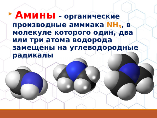  Амины – органические производные аммиака NH 3 , в молекуле которого один, два или три атома водорода замещены на углеводородные радикалы  