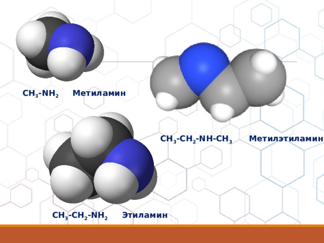 CH 3 -NH 2     Метиламин  CH 3 -CH 2 -NH-CH 3       Метилэтиламин CH 3 -CH 2 -NH 2     Этиламин 